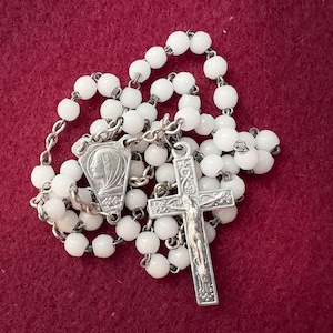 Vintage French Mary rosary, catholic prayer rosary w white glass beads, antique pocket rosary 5 decades for women, Mary devotion gift