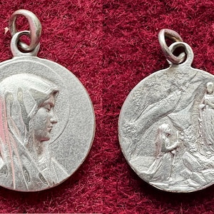Vintage French Mary pendant catholic, antique Mary medal Our Lady of Lourdes, OBC signed, Immaculate Mary religious charm gift collection