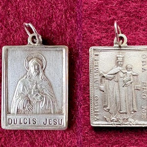 Antique Jesus Heart pendant, rare French vintage catholic medal &quot;Dulcis Jesus&quot; & Mary Our Lady of Carmel on the back, Jesus devotion gift