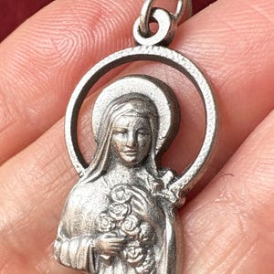 Vintage Saint Therese Catholic Pendant, Little Flower large Medal, Silver Metal, Made in Italy
