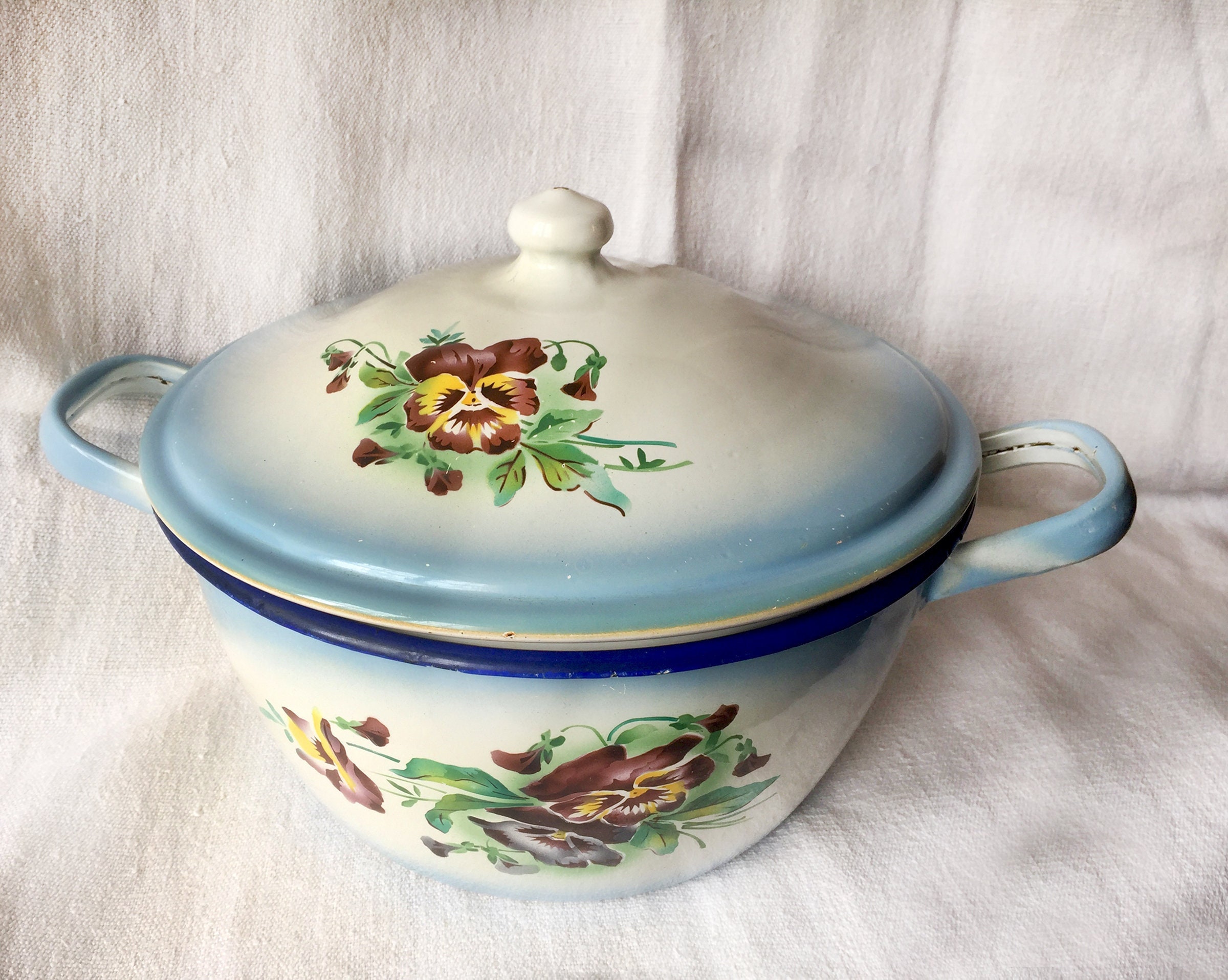 Grande Soupière en Émail Vintage Français, Casserole Ancien Floral avec Couvercle, Brocante Campagne