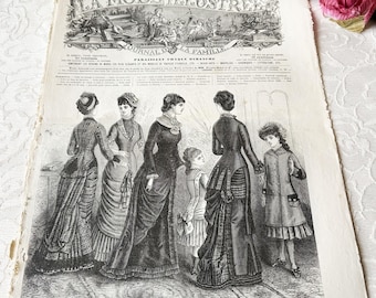 Antique French Victorian Fashion Journal 1880,  &#39;la Mode illustrée&#39; old fashion pages, Parisian Magazine Cover, old embroidery patterns