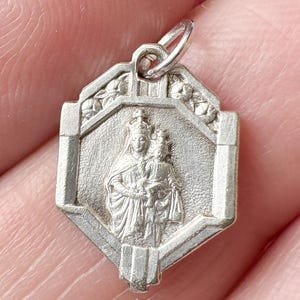 Antique French Mary Jesus pendant, vintage Mother Mary catholic medal w Jesus Heart on the back, Mary charm, silver metal