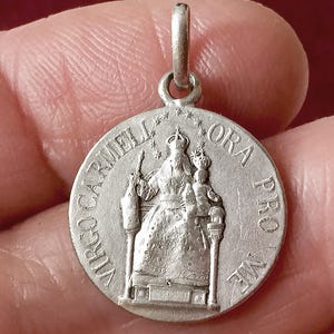 Antique French Mary catholic pendant, vintage Mary catholic medal of Our Lady Carmel, old religious medal, Mary charm, silver metal