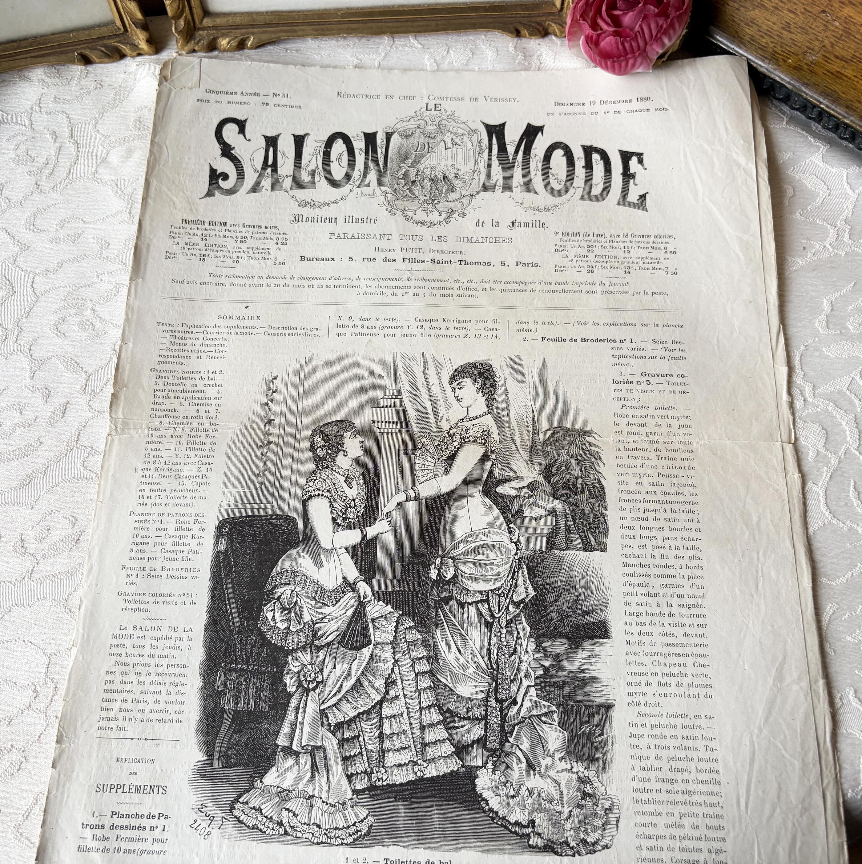 French Victorian Fashion Journal 'Salon de la Mode" 1880, Antique Paris Magazine Cover, embroidery pattern, Downton Abbey Style inspiration