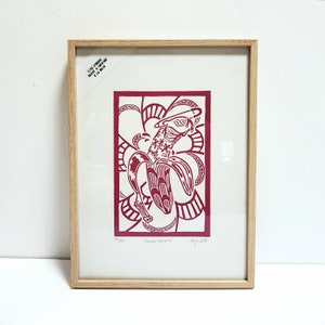 Linogravure Oups banana gravée et imprimée manuellement, numérotée signée, estampe papier 21x29.7cm, A4, artprint sexe, suréaliste