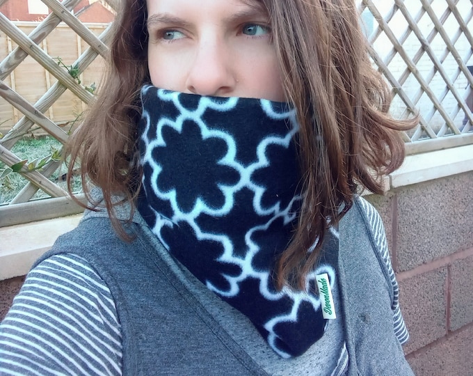 Fleece Neck Warmer: Black/White Flower Print Snood, Adult/Child