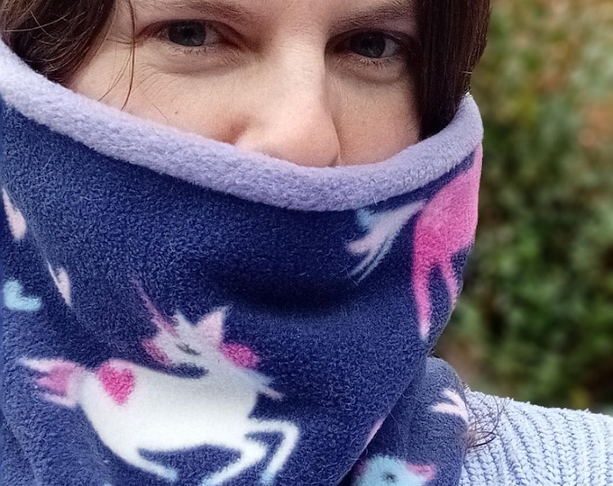 Unicorn Neck Warmer Blue Polar Fleece Gaiter Snood for All Ages