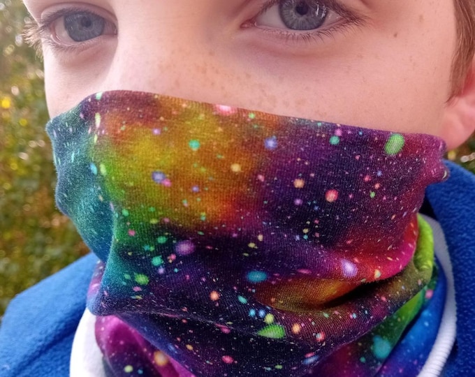 All Ages Neck Warmer Snood Gaiter  - Various Patterns - Rainbow Nebula Starry Space Block