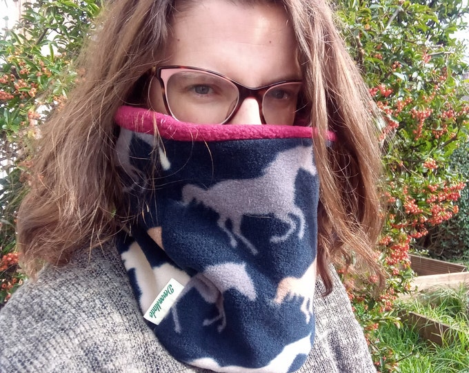 Wild Horses Navy Neck Warmer Fleece Gaiter/Snood for Toddler, Child and Adult - Recycled Options