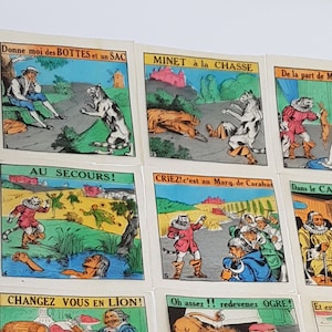 Immagini di fumetti del gatto con gli stivali di Benjamin 'Minet', vintage francese da collezione, su carta. Effimera francese