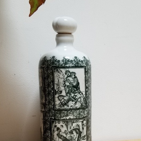 Vintage German Porcelain Bottle. Altenkunstadt Bavaria Hunting Scenes and Cultural Activities. White and Blue Porcelain Decorative Bottle.