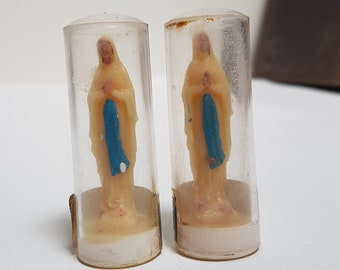Pair of Vintage Miniature French Madonna Notre Dame of Lourdes Holy Water Samples (Empty)
