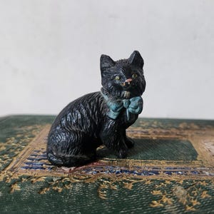 Vintage French Cast Lead Cat Miniature: Blue Bow Collectible Toy