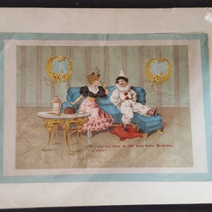 Vintage französische Ephemera-Werbekarte für Chicorée mit dem französischen Pierrot-Clown. Lithographie Bild Paris.