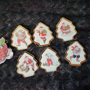 Vintage set kerstboomversieringen van karton, gedrukt door Merrimack, seizoensartikelen uit de jaren 80