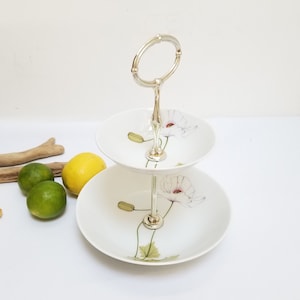 Vintage German Porcelain Cake Stand by Scherzer with Flower Detail Two Tier Cake Stand. Afternoon Tea fancies Platter. Petits Fours Serving.