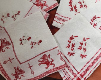 6 serviettes de table en coton monogrammées MB et CB, France anciennes, surpiqûres de broderie rouges