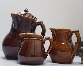 Antique French Brown Glazed Hot Chocolate Pot with Jugs. Side Handle Pouring