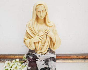 Vintage A. Santini Madonna Sacred Heart Sculpture: Italian Religious Bust, Marble Base