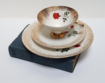 Vintage German Winterling Porcelain Trio. Red Roses and Gold Teacup and Saucer and Side Plate. Winterling Bavaria. Cabinet Trio Fine China