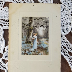 Antique French Ephemera Postcard Woman in bluebell Woods Romantic Art