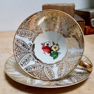 Vintage Bareuther Bavarian Teacup and Saucer: Rose & Gold Cabinet Duo