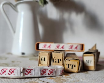Vintage French Laundry Labels: Red Monogrammed Linen Ribbon