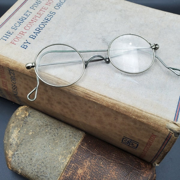 Antique 1920s French Spectacles and Card Case. Steampunk. Round Spectacles with Case. Wire Rimmed Eye Glasses.