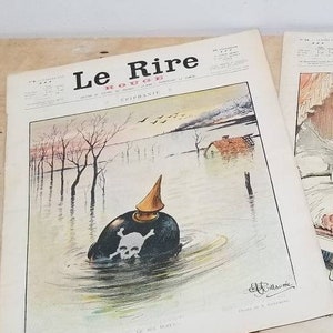 Antique French Text Set of 2 Le Rire WWI Satirical Topical Magazines January 1918 No 8 and July 1918 No 34. Antique WWI Ephemera