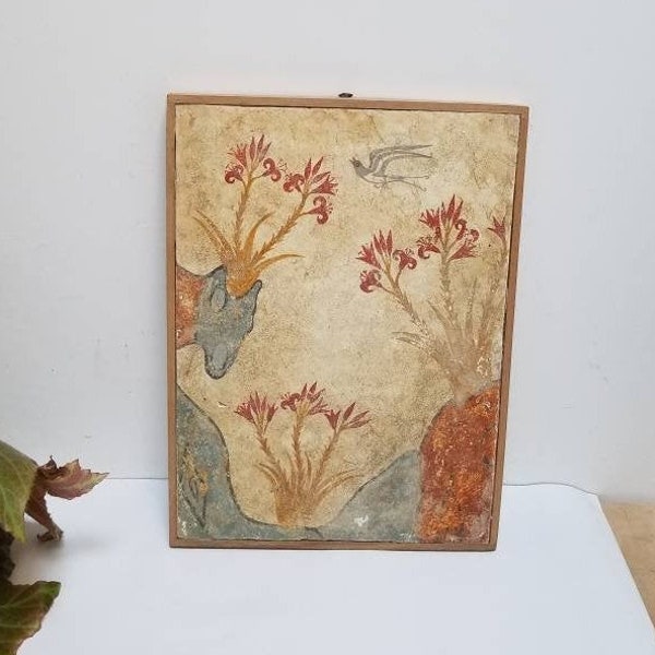 Vintage Greek Plaster Akrotiri Spring Fresco Replica. Swallows and Lillies. Museum Replica. Santorini 1979 Fresco Reproduction