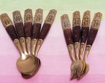 Vintage Thai Souvenir Spoons/Forks: Buddha Elephant Wood Handle