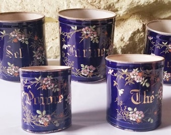 Antique French Kitchen Storage Jars: Midnight Blue Enamel Floral Set