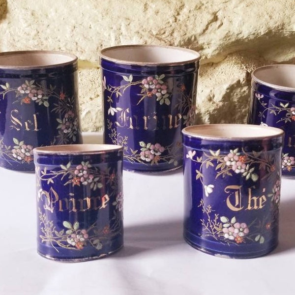 Antique 5 Rare French Kitchen Storage Jars. Midnight Blue With Enamel Hand Painted Flowers and Gold Detail. Sel, Farine, Café, Thé, Poivre.