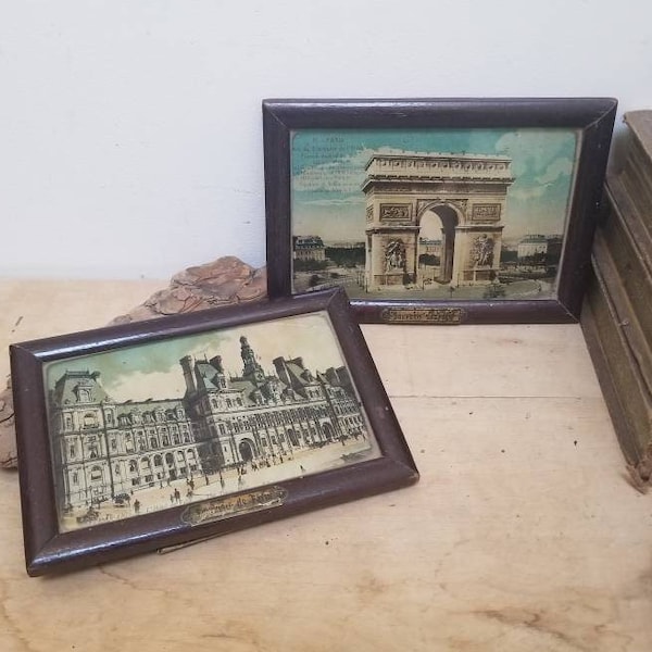 Vintage French Ephemera Postcard Souvenir Pictures Of Bygone Paris; Arc de Triomphe and Hotel de Ville in Wood Frames.