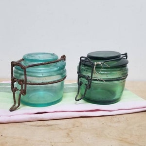 SOLD SEPARATELY Vintage French L&#39;Ideale Green Glass Storage Jars. Three Sizes French Kitchen Jars. Vintage French Kitchenware.