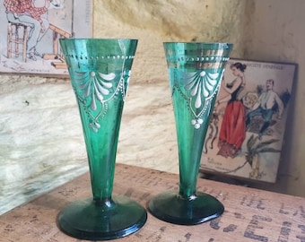 Antique French 2x Green Glasses With White Enamel Design. 1900s Liqueur Stem Glass. Antique Green Vodka Glasses