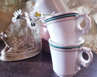 Antique French 2 Heavy Bistro Brulot Coffee Cups From Late 1800s. French Whiteware Espresso Cups Kitchenalia. Rustic French Bistroware