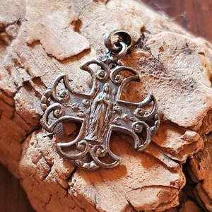 Antique French Silver Lourdes Cross Pendant, Praying Madonna ND de Lourdes