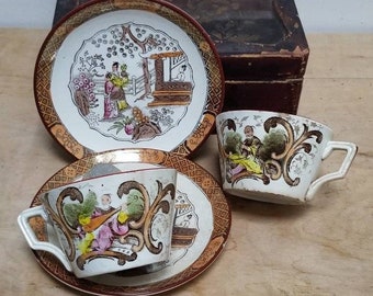 Antieke Sarreguemines-theekop en -schotel: Franse chinoiseriefaience