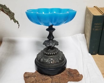 Antique French Blue Opaline Compotiere: Napoleon III Table Centerpiece