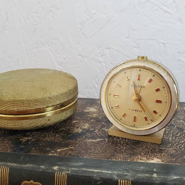 Vintage German Made Deluxe 7 Jewels Travel Clock With Silver Edge Detail And Gold Face. Closing Case Small Travel Clock