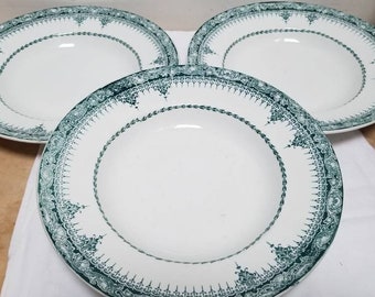 Vintage French 3 Hollow Plates Faiencerie D'Onnaing Ariane Green Transferware. 1900s French Faience White And Green Soup Bowls Tableware