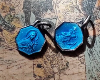 SOLD SEPERATELY Religious St Christopher & St Therese Small Blue Enamel Pendant. Silver Metal Pendant with Blue Enamel.