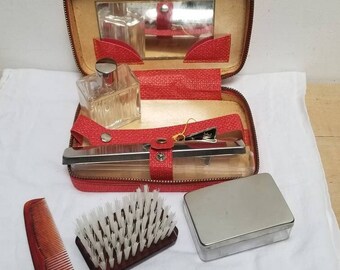 French Vintage Red Complete Vanity Case with Accessories. Vintage Travel Set. Vintage Marlyne Toiletries Set. Travel Necessity.