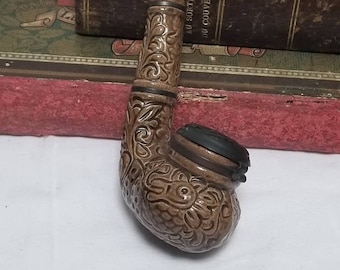 Vintage Tobacco Pipe in Brown Glazed Decorated Ceramic Clay with Metal Lid.