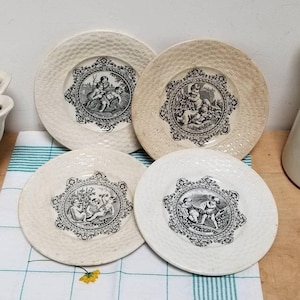 Antique French 4x 19th Century Faience GIEN Cherub Small Plates Terre De Fer Louis XV Black Transfer Design. Set of 4 Talking Plates