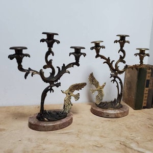 SOLD SEPARATELY Antique French Large Brass And Ormolu Candlestick With Pink Marble Base. Flying Bird Detail