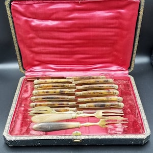 Antique French 12x 1900s Melon Fork Set Celluloid Handle Boxed