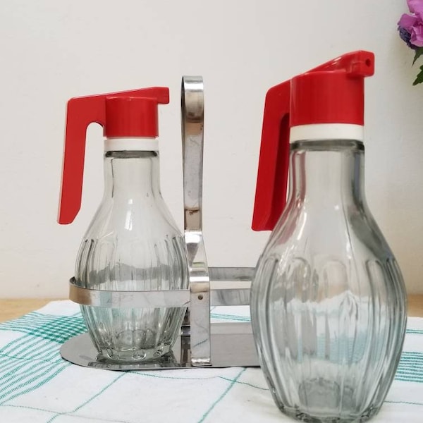 Vintage French Bistro 1960 Condiment Set Glass Bottles With Red Plastic in Metal Holder with Handle. Oil & Vinegar